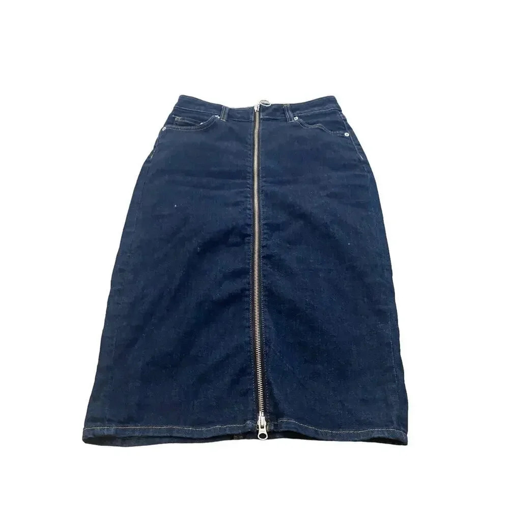 H&M & Denim Blue Knee Length Zipper Straight Stretch Front Jean Skirt Size 4